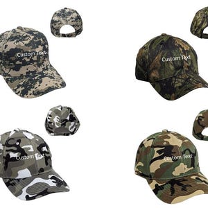 May include: Six camouflage baseball caps with a white embroidered text "Custom Text" on the front. The caps are in different camouflage patterns.