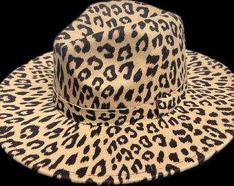 Unisex Flat Wide Brim Warm Felt Fedora Hat Retro Style Panama Hat Leopard Khaki