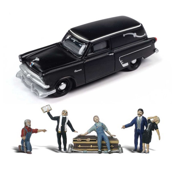 1/87 HO Scale Classic Metal Works 1953 Ford Station Wagon HEARSE Funeral Car & Woodland Scenics GRAVESIDE Service Handed Painted Figures Set