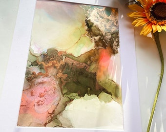 Easter | Green pink gold yellow white | Alcohol ink | A4 yupo paper abstract art painting, original art