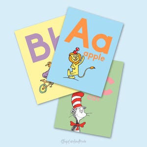 Ilustraciones del Dr. Seuss: carteles coloridos del alfabeto para el aula, impresiones y cursivas, decoración infantil