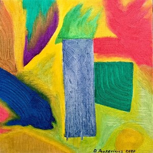 Pintura original "Casa azul junto al mar" de Donatas Prusevicius. óleo, lienzo sobre cartón, 15x15 cm, 2020. Originalgem-lde, firma de mano.