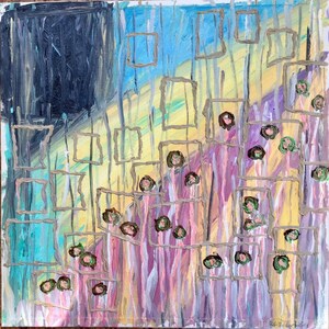 Original painting Rings near the road oil color yellow blue cardboard 30x30x0.2 hand signed by Lithuanian Artist Donatas Prusevicius 2020.
