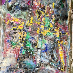 Original painting Eiffel Tower construction III acrylic pastel metal color paper A3 300mg hand signed by Donatas Prusevicius 2021
