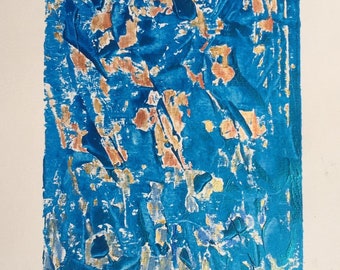 May include: Abstract painting with blue, gold, and brown paint. The painting has a textured surface and a modern style. The artist's signature and the year 2020 are in the bottom right corner.