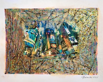 Original painting NEW YORK acrylic pastel color gold color foto paper 400mg