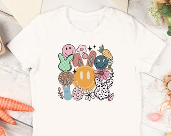 T-shirt de Pâques joyeux pour enfants - T-shirt de style rétro avec smileys