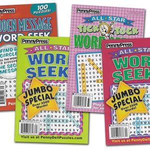 May include: A selection of PennyPress puzzle books, including "Hidden Message Word Seek" and "All Star Word Seek." The covers are brightly coloured, featuring word search puzzles. Each book has the text "Jumbo Special" with over 3500 words.