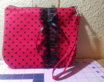 Red black polka dot wristlet with lace and bow/ wristlet/ clutch