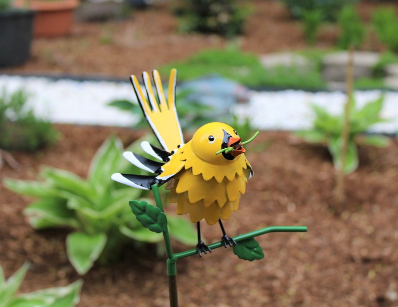 Gold Finch on Garden Stake Garden Home Decor Wild Bird Art Gift for Mom Garden Gift image 2