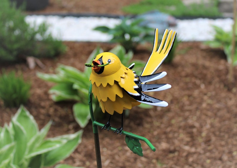 Gold Finch on Garden Stake Garden Home Decor Wild Bird Art Gift for Mom Garden Gift image 1