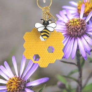 Honey bee on a honeycomb Keychain  Great gift idea!