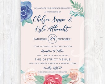 Blush Pink Floral Watercolor Wedding Invitations
