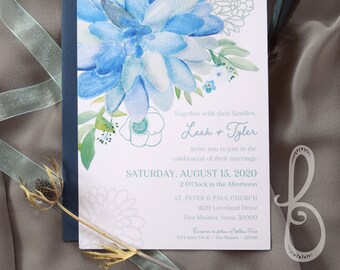 Dusty Blue Watercolor Floral Wedding Invitations