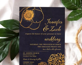 Navy and Gold Hand-drawn Floral Wedding Invitation