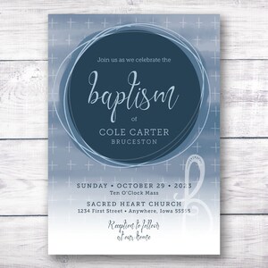 May include: A blue and white baptism invitation with a circle design and the text "Join us as we celebrate the baptism of COLE CARTER BRUCESTON" and "SUNDAY OCTOBER 29 2023 Ten O'Clock Mass SACRED HEART CHURCH 1234 First Street Anywhere, Iowa 55555 Reception to follow at our home".