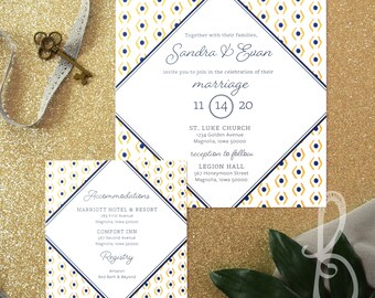 Geometric Gold + Navy Pattern Square Wedding Stationery