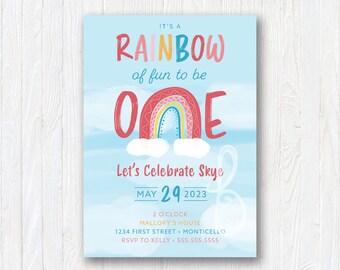 May include: A blue and white invitation with a rainbow and the number one. The text reads "It's a rainbow of fun to be one. Let's celebrate Skye. May 29, 2023. 2 o'clock. Mallory's House. 1234 First Street, Monticello. RSVP to Kelly 555.555.5555."