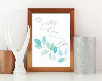 Wall Art, Be Still and Know, Psalm 46:10, Watercolor Eucalyptus, Watercolor Greenery, Religious Wall Art