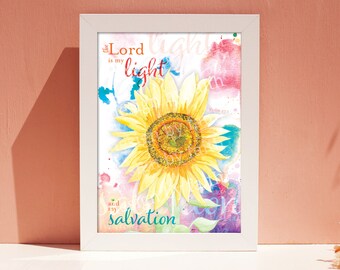 PRINTABLE Watercolor Sunflower Psalm 27:1 Bible Verse Inspirational Artwork