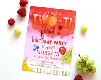 Birthday Party Invitation, TWO-ti Fruiti, Tutti Frutti, Colorful Watercolor Fruit