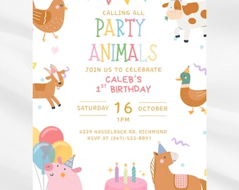 Invitation à tous les fêtards Invitation d'anniversaire de fêtard Animaux de la ferme dans des chapeaux de fête Invitation d'anniversaire de basse-cour sur toile modifiable