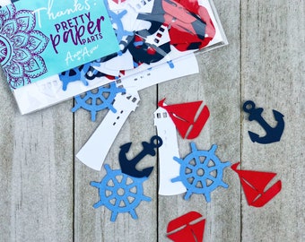 航海の紙吹雪：帆船、錨、灯台、舵輪 - 1歳の誕生日、7月4日