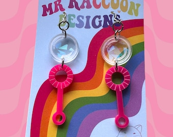 Bubble Blower Throwback Pink Holographic Meme Funny Cute Colourful Acrylic Earrings