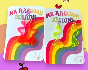 Fluoro Fluorescent Sticky Hand Throwback Meme Funny Cute Colourful Acrylic Earrings