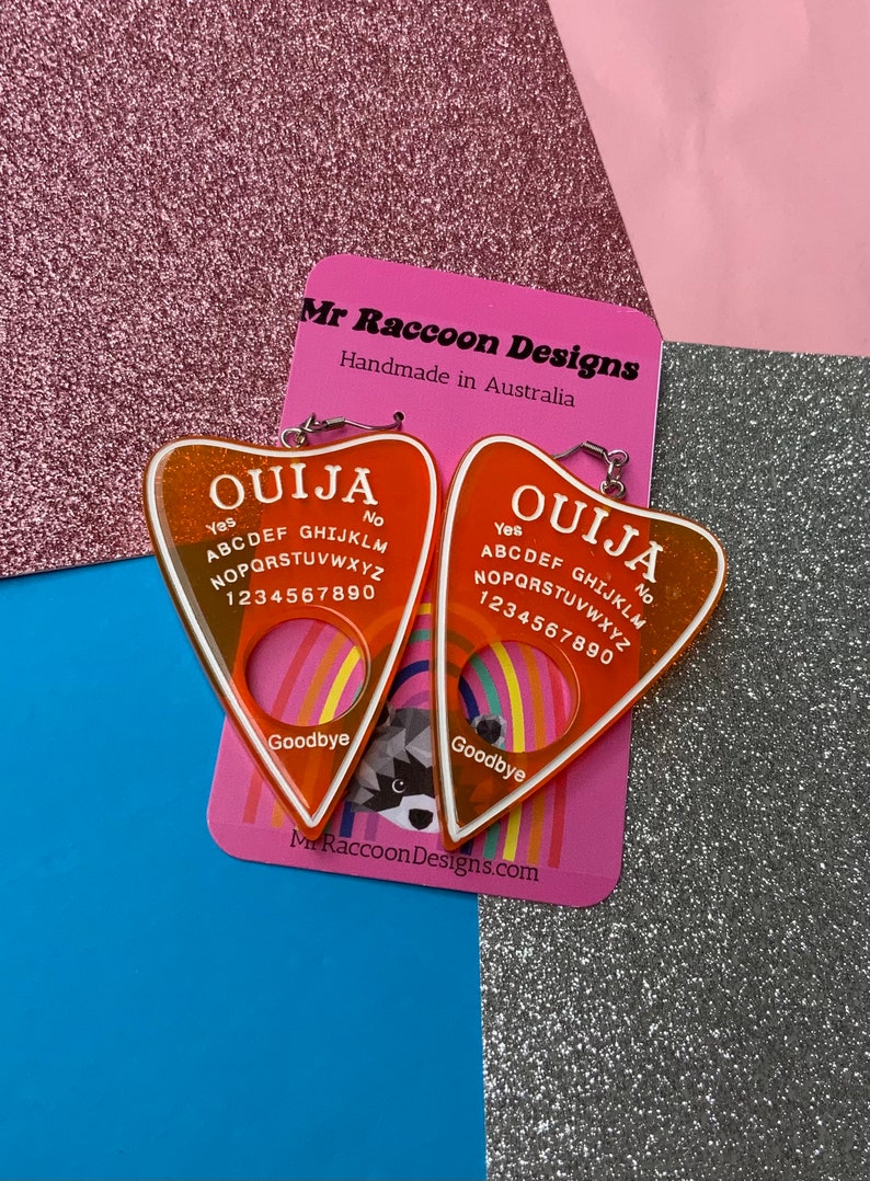 Holographic Transparent Glitter Orange Spooky Gothic Witch Ouija Placard Dangles