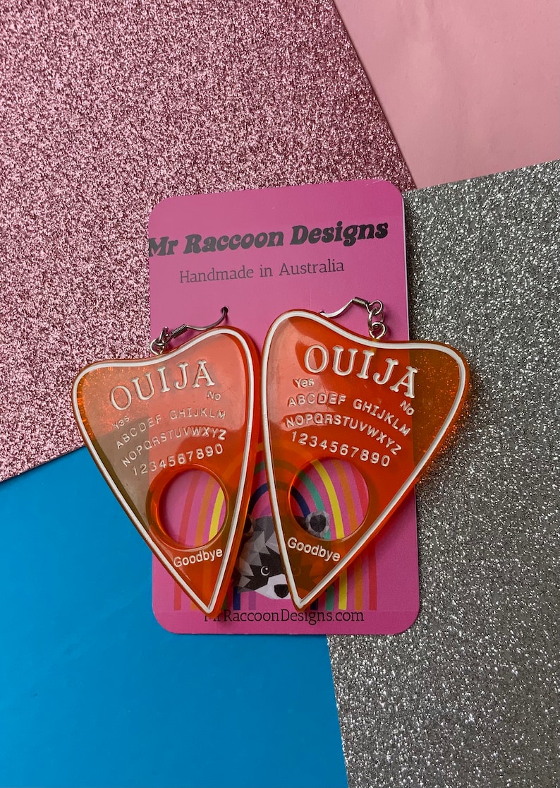 Holographic Transparent Glitter Orange Spooky Gothic Witch Ouija Placard Dangles