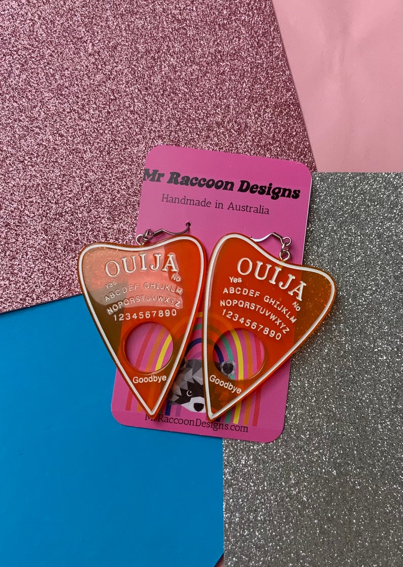 Holographic Transparent Glitter Orange Spooky Gothic Witch Ouija Placard Dangles
