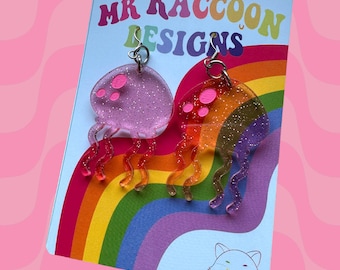 Jellyfish Jellying Sponge Cartoon Funny Meme Glittery Pink Purple Acrylic Earring