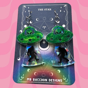UFO Bigfoot Alien Throwback Green Holographic Meme Funny Cute Colourful Acrylic Earrings