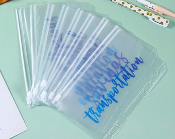 A6 Zipper Cash Envelopes: Blue Cursive Labels, Clear Budget Binder Inserts