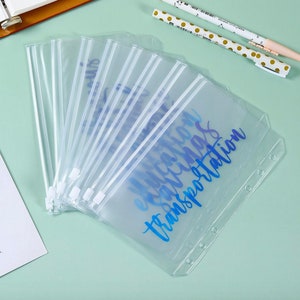 12 A6 Blue Cursive Labeled Zipper Cash Envelopes, Blank Transparent Dividers, Clear Cash Envelope System, Organizers for Binder, Cash Binder