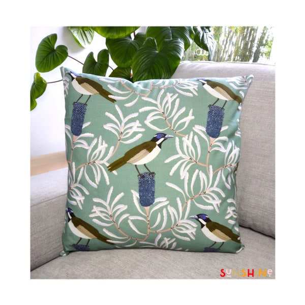 CUSHION COVER - Cotton | Multiple Size Options | Zipper or Envelope closure | Blue Honeyeater.  Gift Idea.