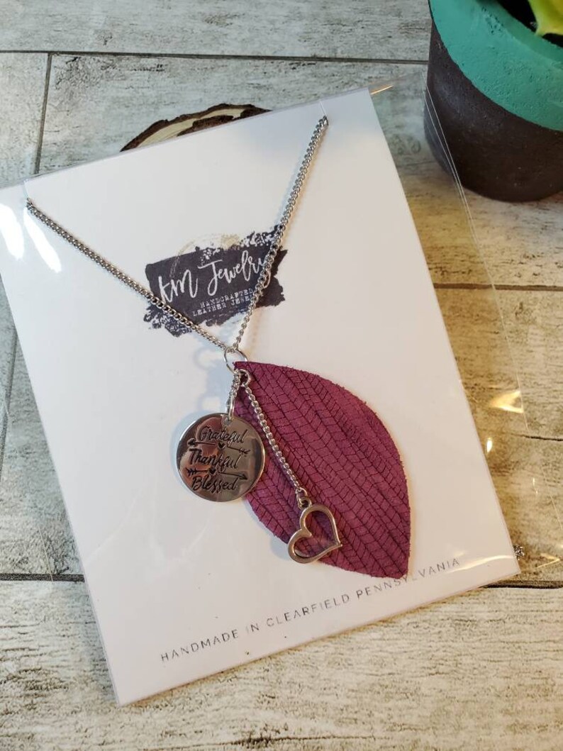 Genuine Leather Leather Pendant Necklace Silver Gifts for her Grateful Thankful Blessed Charm Necklace Plum