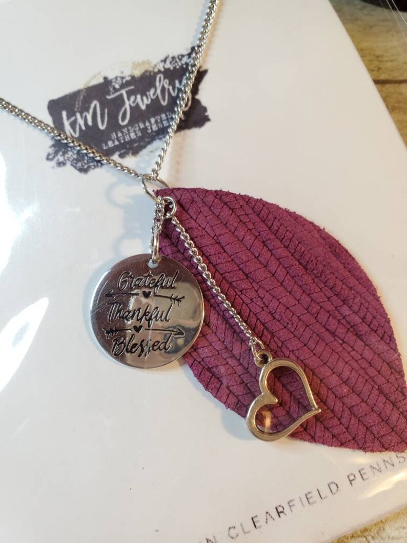 Genuine Leather Leather Pendant Necklace Silver Gifts for her Grateful Thankful Blessed Charm Necklace Plum