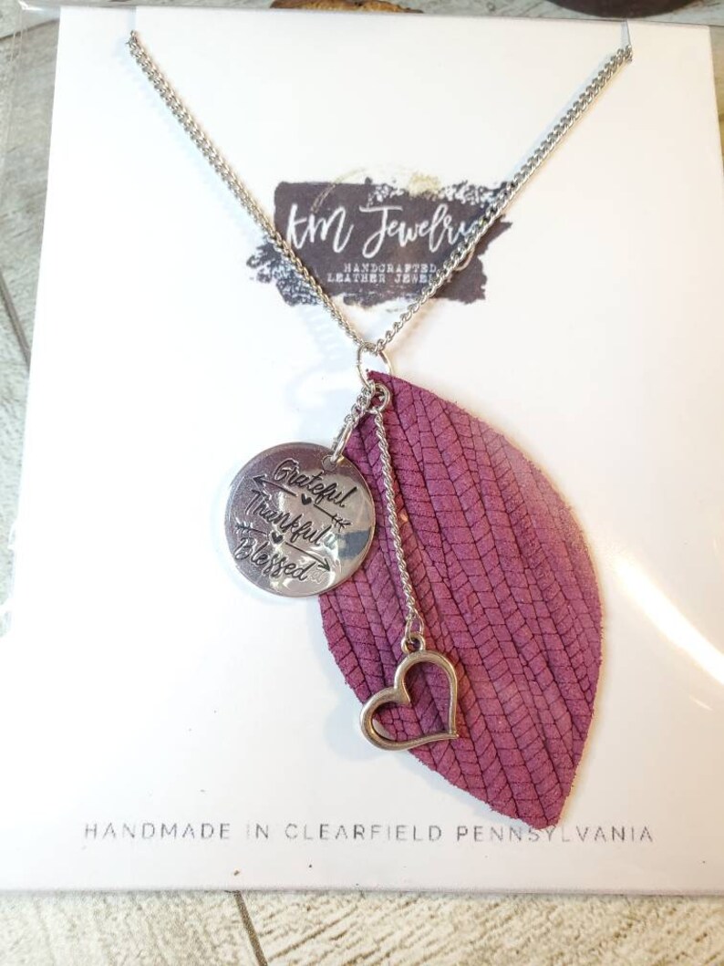 Genuine Leather Leather Pendant Necklace Silver Gifts for her Grateful Thankful Blessed Charm Necklace Plum