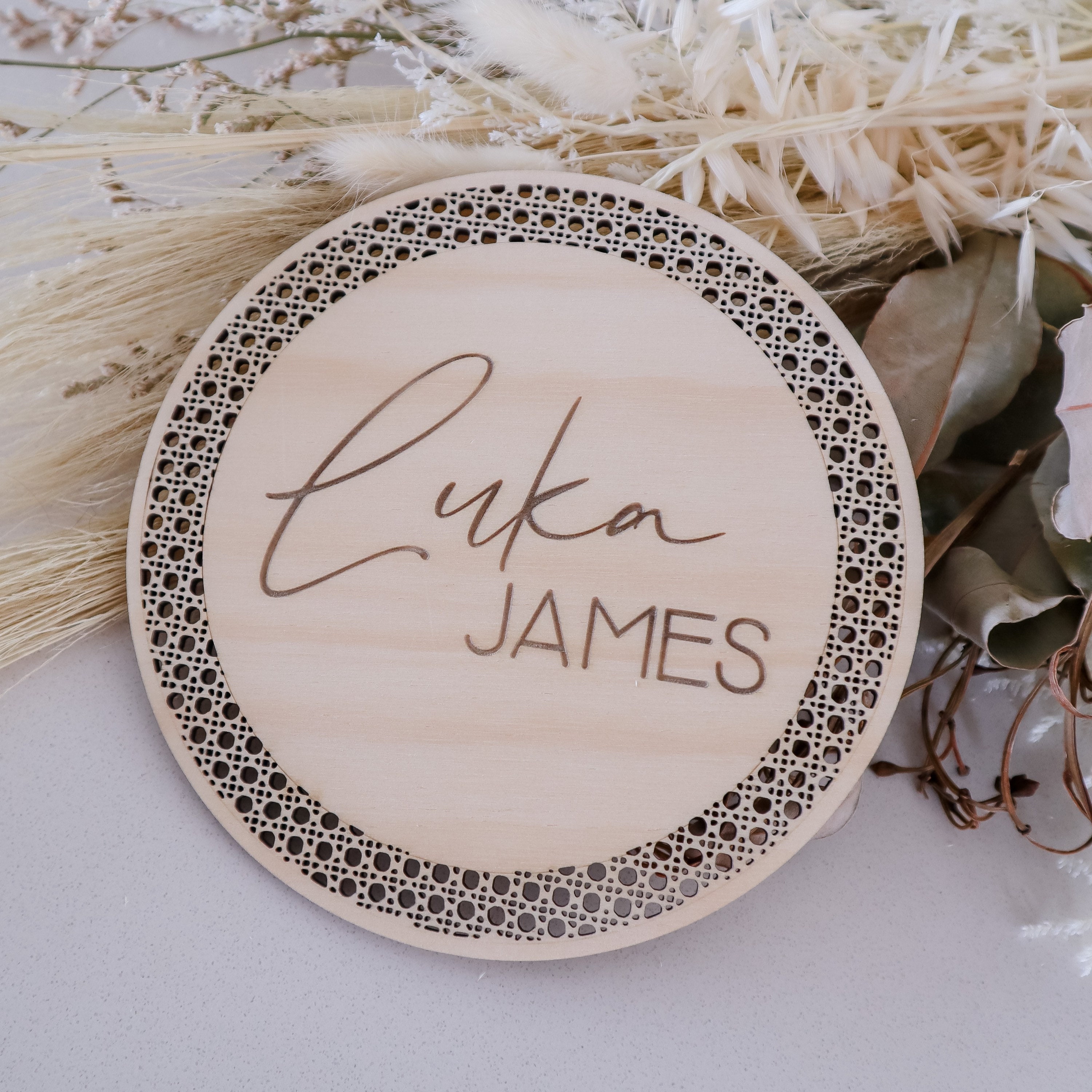 Baby Name Plaque | Wooden Rattan Birth Announcement | Birth ...