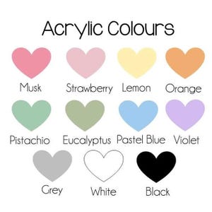 May include: A chart of acrylic paint colors with heart-shaped swatches. The colors are: Musk, Strawberry, Lemon, Orange, Pistachio, Eucalyptus, Pastel Blue, Violet, Grey, White, and Black.