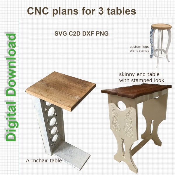 Three small table designs for cnc or laser project for woodworking SVG PNG C2D files