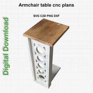 May include: White and wood end table with a cutout design. The table has a white base and a wood top. The cutout design is in the shape of circles.  SVG C2D PNG DXF
