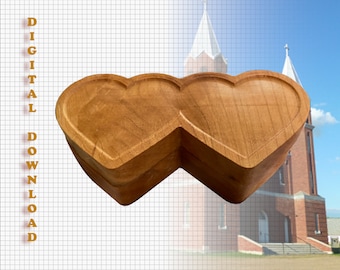 Puede incluir: Una caja de madera en forma de corazón con un diseño de doble corazón. La caja es de madera marrón claro y tiene un acabado liso. Las palabras "DIGITAL DOWNLOAD" están impresas verticalmente en el lado izquierdo de la imagen.