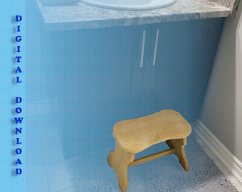 May include: A light brown wooden bathroom step stool with a curved top and a single bar across the bottom. The stool is sitting on a gray and white bathroom rug.