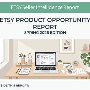 Puede incluir: Ilustración de un escritorio con un portátil que muestra una interfaz de tienda Etsy y gráficos. El texto "ETSY PRODUCT OPPORTUNITY REPORT SPRING 2026 EDITION" está en la parte superior. Otros elementos incluyen un cuaderno, lápices y una taza de café.