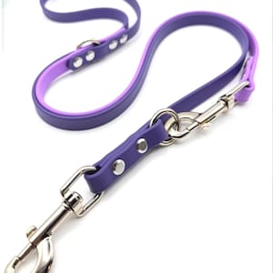 Puede incluir: Una correa para perros morada y lavanda con un asa a juego. La correa presenta un cierre y remaches de metal plateado. La correa está hecha de un material flexible.
