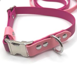 Może przedstawiać: Różowa obroża dla psa ze srebrną metalową klamrą i pasującą smyczą. Obroża to połączenie jasnego i ciemnego różu, z D-ringiem do mocowania smyczy. Smycz jest w jaśniejszym odcieniu różu.