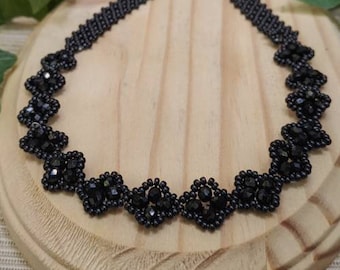 Black Victorian Choker: Glass Crystal & Seed Bead Necklace